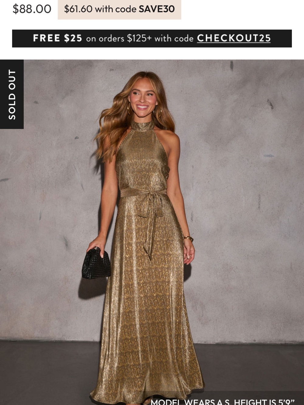 Metallic Gold Halter Maxi Dress with Waist Tie